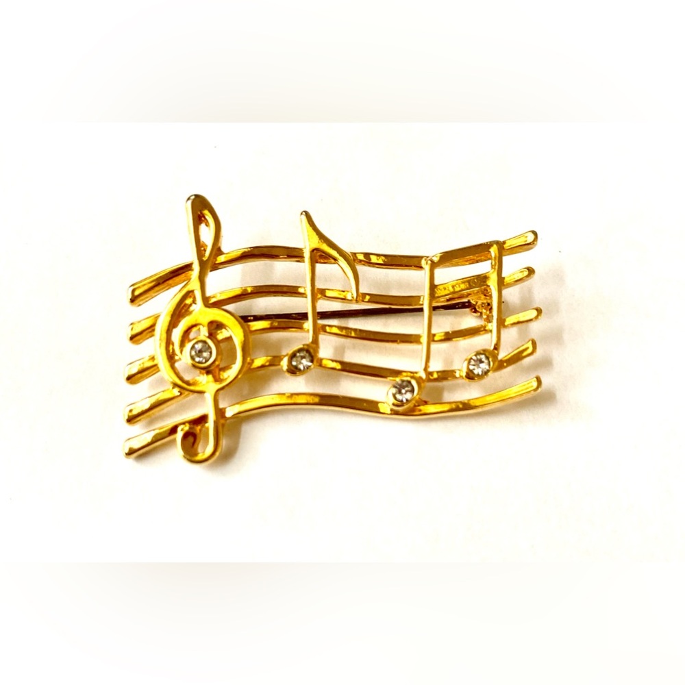 Brooch Gold Tone Rhinestone Musical Notes Brooch Pin